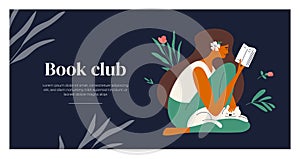 Layout design template of book club with vector illustration of young reading woman