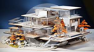 Layout or exhibition model wooden log house. Reduced copy of wooden house. Modern technology of low-rise housing. wooden