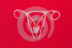 Layout of female reproductive organs with sparkles on red background. Flat lay with menstrual cup