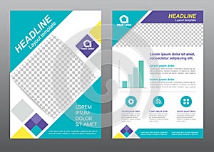 Layout flyer template size A4 cover page diamond square blue purple yellow tone Vector design