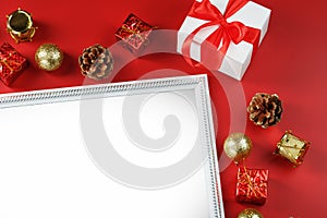 Layout of greeting cards with free space on a red background with their Christmas decorations