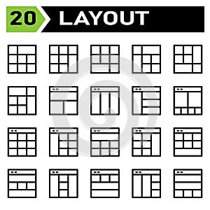 Layout icon set include layout, grid, dashboard, interface, user interface, align, template, design, flayer, graphic, cover,