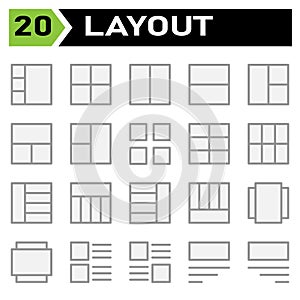 Layout icon set include layout, grid, dashboard, interface, user interface, align, template, design, flayer, graphic, cover,