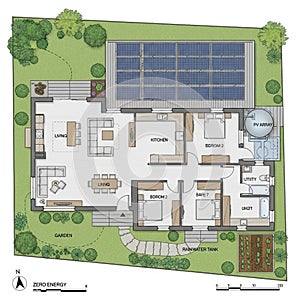 Layout integrates sustainable elements like a PV solar array and