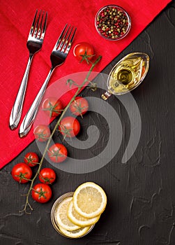 layout with kitchen appliances and ingredients on a black and red background