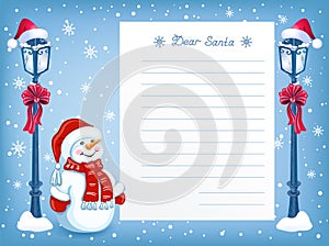 Layout letter to Santa Claus with funny Snowman in santa hat and Christmas vintage streetlamp