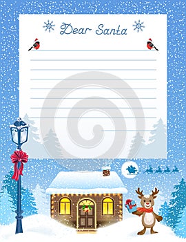 Layout letter to Santa Claus with wish list and cartoon funny fawn deer with gift box and Santa`s workshop against winter forest