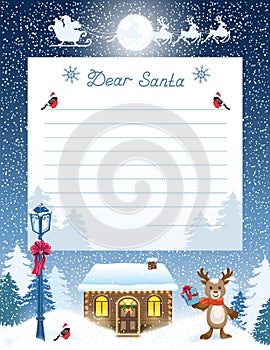 Layout letter to Santa Claus with wish list and cartoon funny fawn deer with gift box and Santa`s workshop against winter forest