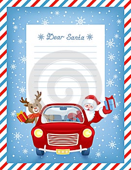 Layout letter to Santa Claus with wish list and cartoon funny Santa Claus and fawn deer in red vintage car with gift box
