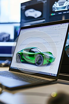 The layout of a modern sports car on the laptop screen of an automotive designer