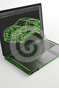 The layout of a modern sports car on the laptop screen of an automotive designer