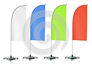 Layout of promotional stands flags of different colors. White, b