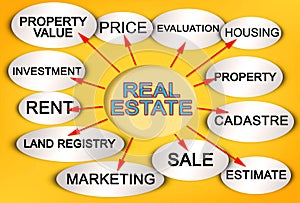 Layout about REAL ESTATE with a descriptive scheme of the main characteristics of Property Value of buildings and lands