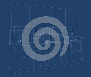 Layout of small kitchen perspective on blue background.