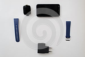 Layout of smart watch accessories,space for text in centre.
