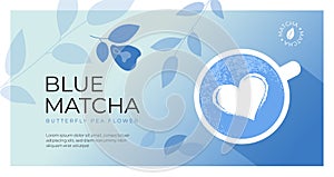 Layout template with vector illustration of cup of blue matcha latte with heart shape froth art