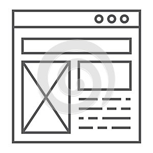 Layout thin line icon, website and design, template window sign, vector graphics, a linear pattern on a white background