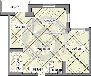 Layout of a two-bedroom apartment. Construction project and Architectural drawing plan