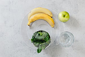 Layout of useful products for preparation detox food from apple, banana. Top view