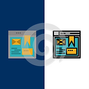 Layout, Web, Design, Website  Icons. Flat and Line Filled Icon Set Vector Blue Background