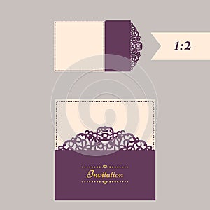 Lazercut vector wedding invitation template. Wedding invitation envelope for laser cutting. Lace gate folds.Lazer cut