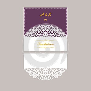 Lazercut vector wedding invitation template. Wedding invitation envelope for laser cutting. Lace gate folds.Lazer cut