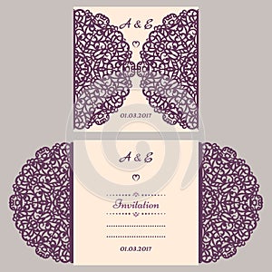 Lazercut vector wedding invitation template. Wedding invitation envelope for laser cutting. Lace gate folds.Lazer cut photo