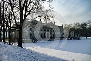 The Lazienki palace in Lazienki Park. Winter landscape with snow. Warsaw. Lazienki Krolewskie, Poland