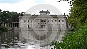 Lazienki Park with pond. Polish Lazienkowski or Lazienki Krolewskie is the polish park. The palace on the water is a