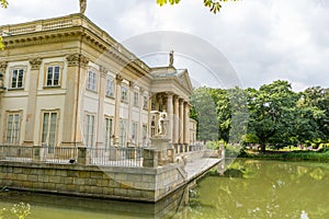 Lazienki Park with pond. Polish Lazienkowski or Lazienki Krolewskie is the polish park. The palace on the water is a