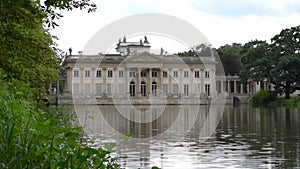 Lazienki Park with pond. Polish Lazienkowski or Lazienki Krolewskie is the polish park. The palace on the water is a