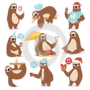 Laziness sloth animal character different pose like human cute lazy cartoon kawaii and slow down wild jungle mammal flat