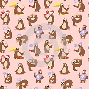 Laziness sloth animal character different pose seamless pattern vector photo