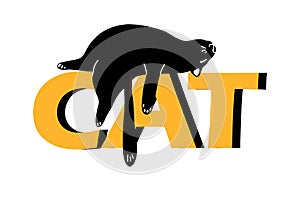 A lazy black cat is lying on the inscription in large letters cat .Vector illustration in the style of a cartoon