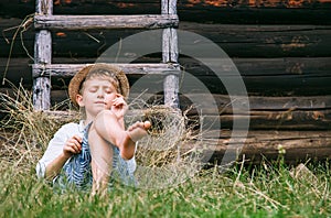 Lazy boy lies in grass under the barn - careless summer on count