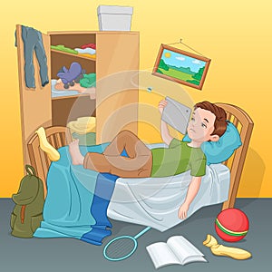 Lazy boy lying on bed with tablet. Vector illustration.