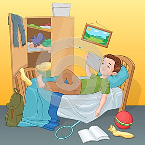 Lazy boy lying on bed with tablet. Vector illustration. photo