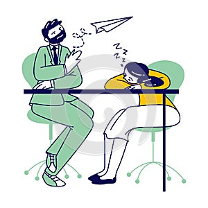 Lazy Business Man and Woman Sitting at Working Place in Office Sleeping and Fooling with Paper Airplane on Bored Meeting
