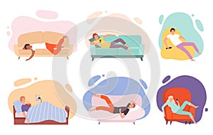 Lazy characters. Laying people on couch or sofa watching tv sleeping eating in bed relaxing persons vector illustrations