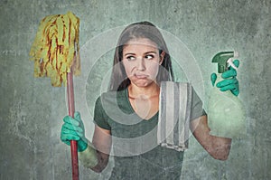 Lazy cleaning woman housewife or house maid service cleaner girl looking tired and frustrated holding mop and detergent spray