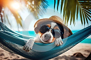 Lazy cool dog lounging in the hammock on a tropical beach, illustration generated by AI