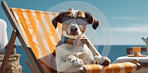 lazy dog vacation beach sunglasses summer relax chair pet funny. Generative AI.