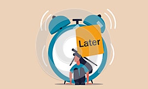 Lazy excuse and alarm clock later postpone. Motivation do unproductive and deadline time loss vector illustration concept. Later