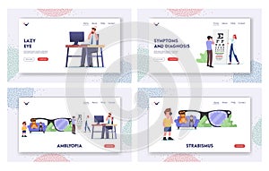 Lazy Eye, Amblyopia Disease Landing Page Template Set. Tiny Characters Visit Oculist Doctor for Sight Treatment
