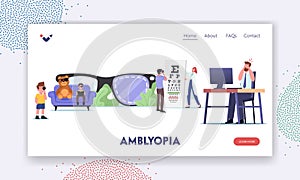 Lazy Eye, Amblyopia Disease Landing Page Template. Tiny Characters Visiting Oculist Doctor for Sight Treatment