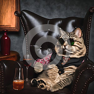 A lazy grayish tomcat sits on a leather chair and sips a drink photo