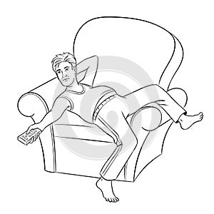 Lazy guy watching TV coloring book vector
