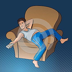 Lazy guy watching TV pop art style vector