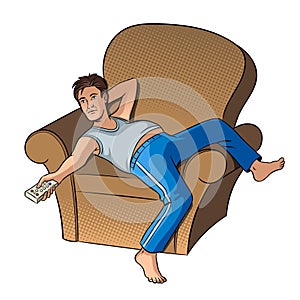 Lazy guy watching TV pop art style vector photo