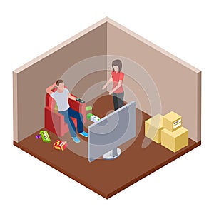 Lazy husband watching TV with beer and garbage, wife swears - family isometric vector concept